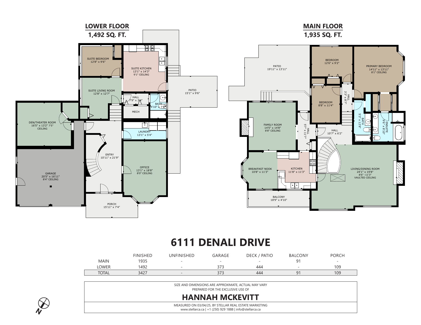 6111 Denali Drive floor plan showing main floor, lower level and in-law suite layout
